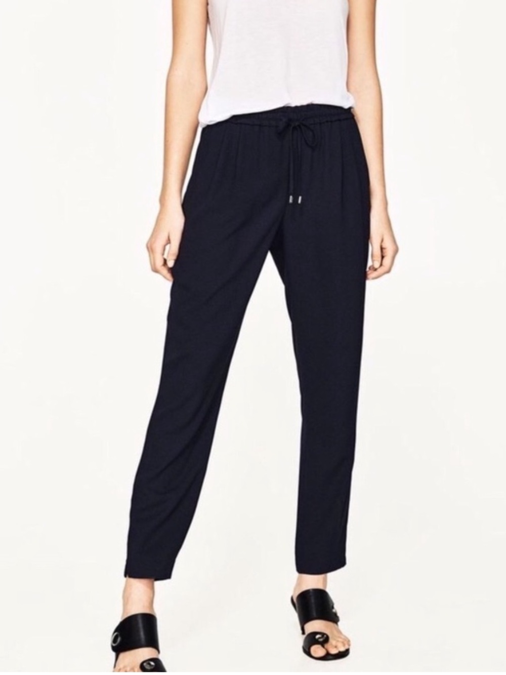 Zara Navy Drawstring Cropped Tapered Pants